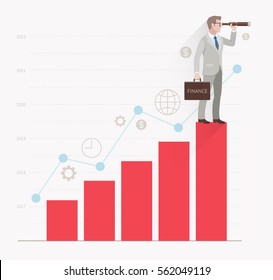 Business Vision Concepts. Businessman Looking Through Binoculars Standing On A Bar Graph. Vector Illustration.