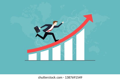 Business vision concepts, Businessman running on red arrow up go to the success, Graph, Vector illustration flat