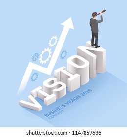 Business vision concepts. Businessman standing with binoculars on â€œvisionâ€ text. Isometric vector illustration.