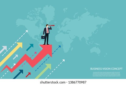 Business Vision Konzepte, Geschäftsleute, die auf einem roten Pfeil stehen, verwenden binokulare Optik auf den Erfolg, Vektorgrafik flach