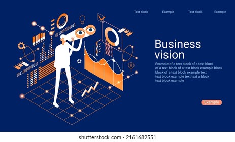 Business vision concepts. Man with binoculars surrounded by graphs and charts. Observation, mission, identification.