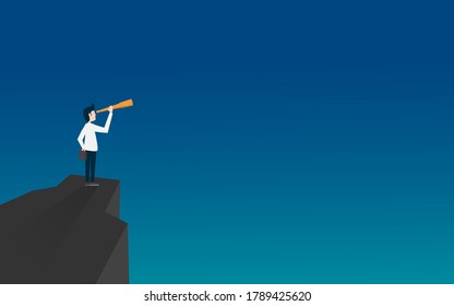 Business vision, Conceptual illustration of a man using telescope standing on top mountain looking at landscape. Business Startup Inspiration and Success of Businessman Concept.  Vector illustration .
