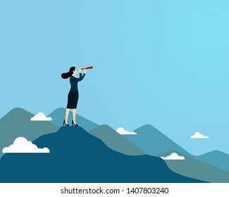 Business vision, Conceptual illustration of a woman using telescope standing on top mountain looking at landscape, Startup, success, Inspiration, Businesswoman, Concept, Vector illustration flat