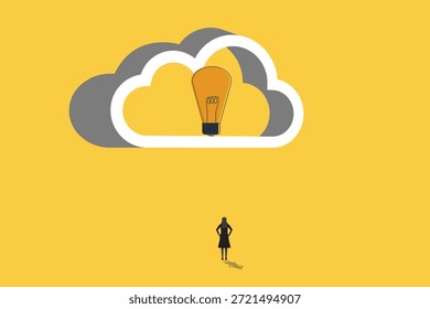 Business vision, creativity and new ideas vector illustration concept. Business woman standing front of lightbulb with telescope
