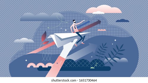 Business Vision Direction Concept, Flat Tiny Businessman Person Vector Illustration. Startup Success Growth Upward Trajectory And Reaching Goals. Abstract Progress Arrows And Paper Plane Metaphor.