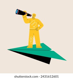 Business vision direction. Man holding binoculars standing on a paper plane. Colorful vector illustration
