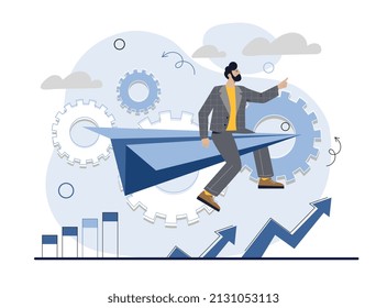 Dirección de la visión empresarial. El hombre se sienta en el plano de papel, el establecimiento de objetivos y el autodesarrollo, el liderazgo y la motivación. Empresario aumenta el beneficio de la empresa, empresario. Dibujo vectorial plano de dibujos animados