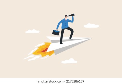 Business Vision Direction. Startup Success Growth Upward Trajectory And Reaching Goals.  Businessman Holding Binoculars Standing On A Paper Plane.