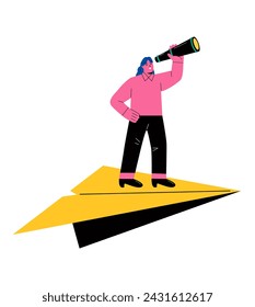 Business vision direction. Business woman holding binoculars standing on a paper plane.  Flat vector illustration isolated on white background
