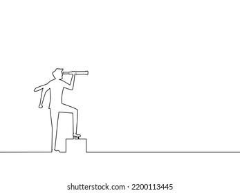 Visión empresarial. Dibujar una línea continua de líderes empresariales mirando a través de binoculares
