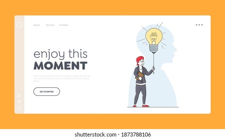 Business Vision, Educational Insight Landing Page Template. Female Character with Folder Switching On Huge Light Bulb. Businesswoman Has Creative Idea, Muse and Motivation. Linear Vector Illustration