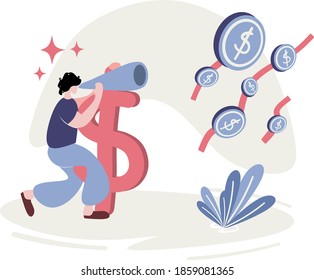 Business Vision, Finance Management concept. a man is binoculating money. Vector illustration of flat design style