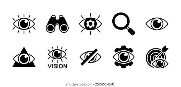 Conjunto de iconos planos de visión empresarial. Conteniendo búsqueda, mirada, vista de ojo, búsqueda, telescopio, ciego, encuentras ajuste, objetivo, mirando, vista, visibilidad, ver, observar, espiar, investigar. Ilustración vectorial