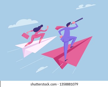 Business Vision, Future Strategy Team Spirit Concept. Business People Characters Flying on Paper Planes. Man Looking for New Idea with Telescope for Website, Banner, Poster. Flat Vector Illustration