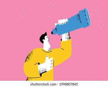 Business vision, goals, future plans, aspirations, business concept flat vector illustration. Businessman with telescope