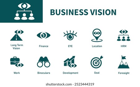 Business vision icon. Set of solid vector icons eye, skills, finance business, foresight, binoculars.