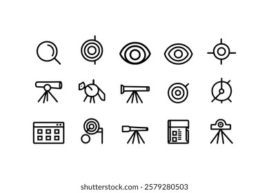 Business Vision Icon Set – Thin Line Vector Collection of Search, Eye View, Telescope, and Target Symbols