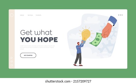 Business Vision, Insight, Investment, Motivation Landing Page Template. Businessman Sell Idea, Male Character Changing Glow Light Bulb on Money Bill in Huge Human Hand. Cartoon Vector Illustration