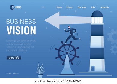 Business vision, landing page. Businessman running on rudder helm, lighthouse points way to success. Business navigation, strategic analysis. skills to overcome obstacles, control and drive growth.