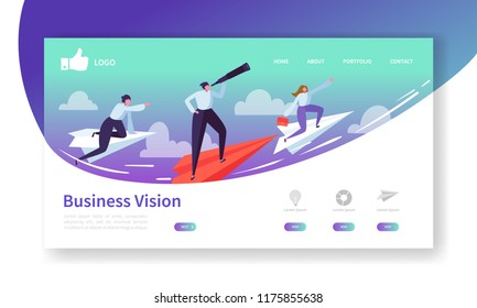 Business Vision Landing Page Template. Website Layout With Flat People Characters Flying On Paper Plane. Easy To Edit And Customize Mobile Web Site. Vector Illustration