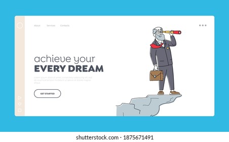 Business Vision Landing Page Template. Business Character Visionary Forecast Prediction. Businessman with Briefcase in Hand Stand on Mountain Top Watching to Spyglass. Linear Vector Illustration