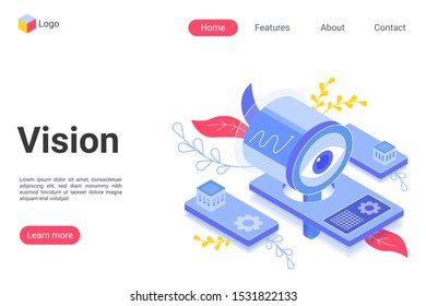 Business vision landing page vector template. Innovative company development website homepage interface layout with isometric illustration. Creative opportunities search web banner, webpage 3D concept