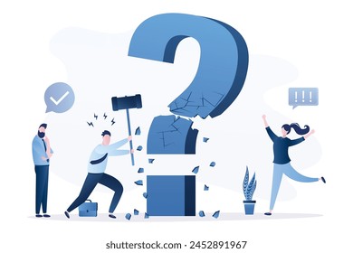 Business vision, leader uses hammer and smashing big question mark. Problem solving, brainstorming, teamwork. Search for new ideas. Employees overcoming obstacles. Idea pitching. Vector illustration