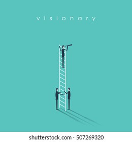 Business vision, leadership and teamwork concept vector background. Businessman standing on a ladder with monocular. Eps10 vector illustration.