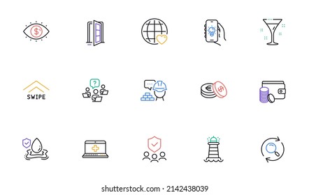 Business vision, Lighthouse and Electric app line icons for website, printing. Collection of Medical help, Flood insurance, Security agency icons. Cocktail, Build, Open door web elements. Vector