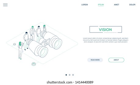 Business Vision - Line Design Style Isometric Web Banner On White Background With Copy Space For Text. A Header With A Team, Colleagues Looking Through Big Binoculars, Trying To Find Best Solution