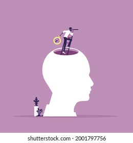 Business vision with looking for opportunities in spyglass standing on top peak of head human