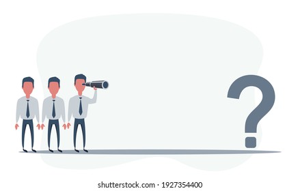 Business vision. Man using telescope looking for success, opportunities, future business trends. Question mark. Confusion and challenge concept. Vector flat design illustration.