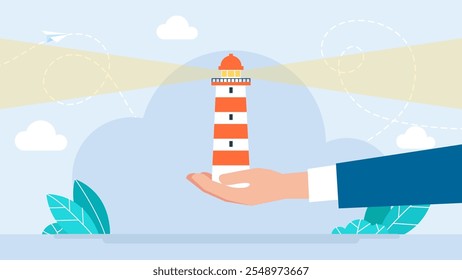 Business vision and mission. Vision, business discovery or searching for success, challenge to see future guidance.Strategy and corporate goal concept with lighthouse. Vector illustration