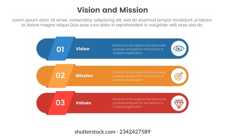 business vision mission and values analysis tool framework infographic with long round rectangle shape 3 point stages concept for slide presentation vector