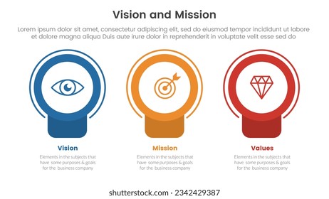 business vision mission and values analysis tool framework infographic with badge circle banner shape 3 point stages concept for slide presentation vector