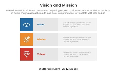 business vision mission and values analysis tool framework infographic with 3 block row rectangle content 3 point stages concept for slide presentation vector