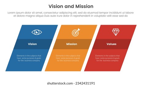 infografía de marco de herramientas de análisis de misión y valores de visión de negocio con visión rectangular o visión sesgada de 3 puntos de concepto para vector de presentación de diapositivas