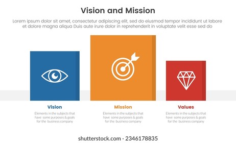 business vision mission and values analysis tool framework infographic with square data box right direction 3 point stages concept for slide presentation