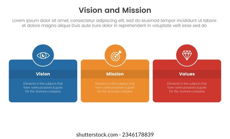 business vision mission and values analysis tool framework infographic with box and circle badge horizontal 3 point stages concept for slide presentation