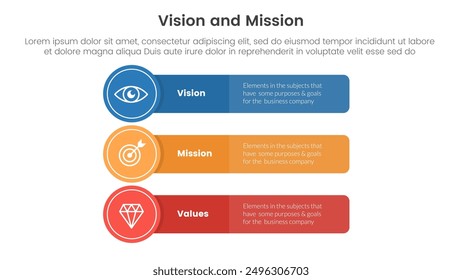 business vision mission and values analysis tool framework infographic with long rectangle box with circle badge 3 point stages for slide presentation vector