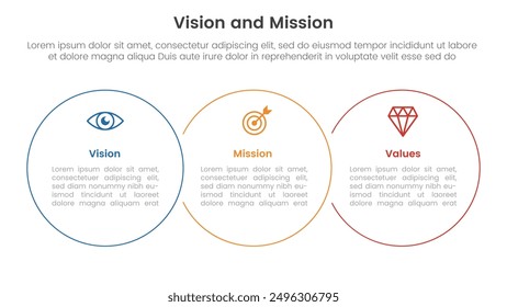 Business Vision Mission und Werte Analyse Tool Framework Infografik mit Big Circle Umriss Union 3 Punkt-Stufen für Dia-Präsentation Vektor