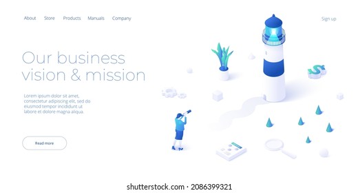 Business vision and mission vector illustration in isometric design. Strategy and corporate goal concept with lighthouse and female with spyglass. Web banner layout.