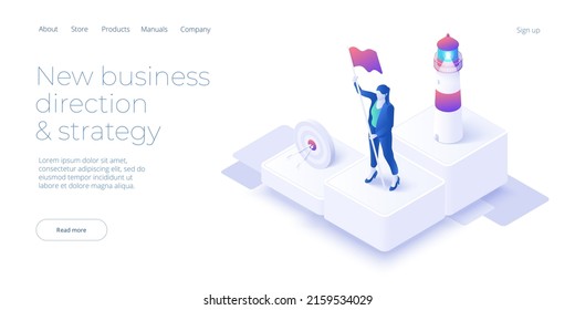 Business vision and mission vector illustration in isometric design. Strategy and corporate goal concept with lighthouse and superhero female. Web banner layout.