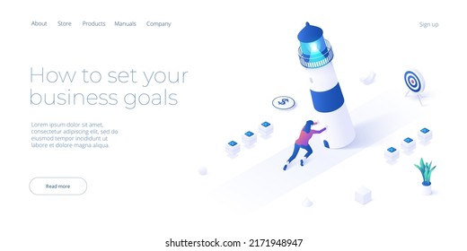 Business vision and mission vector illustration in isometric design. Strategy and corporate goal concept with lighthouse and businesswoman. Web banner layout