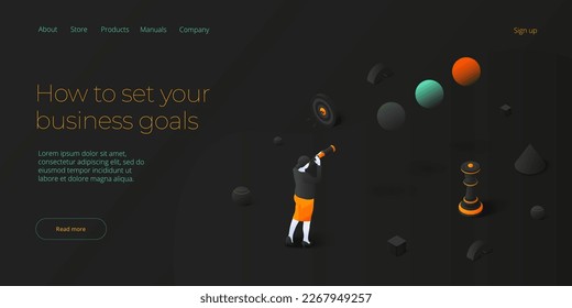 Business vision and mission vector illustration in isometric design. Strategy and corporate goal concept with abstract balls and businesswoman. Web banner layout
