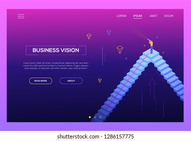 Business vision - modern isometric vector website header on purple background with copy space for your text. Landing page template with businessman standing on the staircase looking through telescope