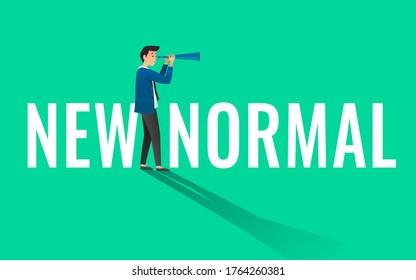 Business vision new normal after Coronavirus COVID-19 pandemic causing financial crisis and economy recession concept. Businessman standing on a New Normal text and carrying telescope. Flat cartoon.