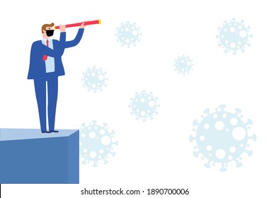 Business vision new normal after Coronavirus COVID-19 pandemic causing financial crisis businessman leader holding telescope standing on a cliff above Coronavirus pathogen