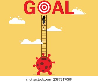  Business vision new normal after Coronavirus COVID-19. Businesswoman Climb up the stairs to achieve the goal.