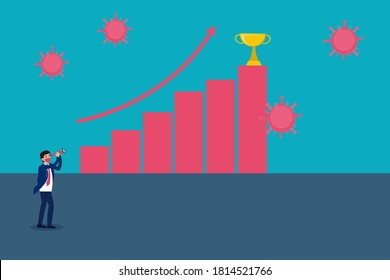 Business vision new normal vector concept: Businessman wearing a face mask and using a telescope to look at a trophy above growing financial graph with coronavirus